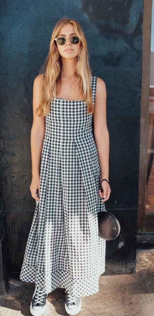 Caron Callahan Milo Dress Black White Gingham Midi Large Resort Minimalist Tank